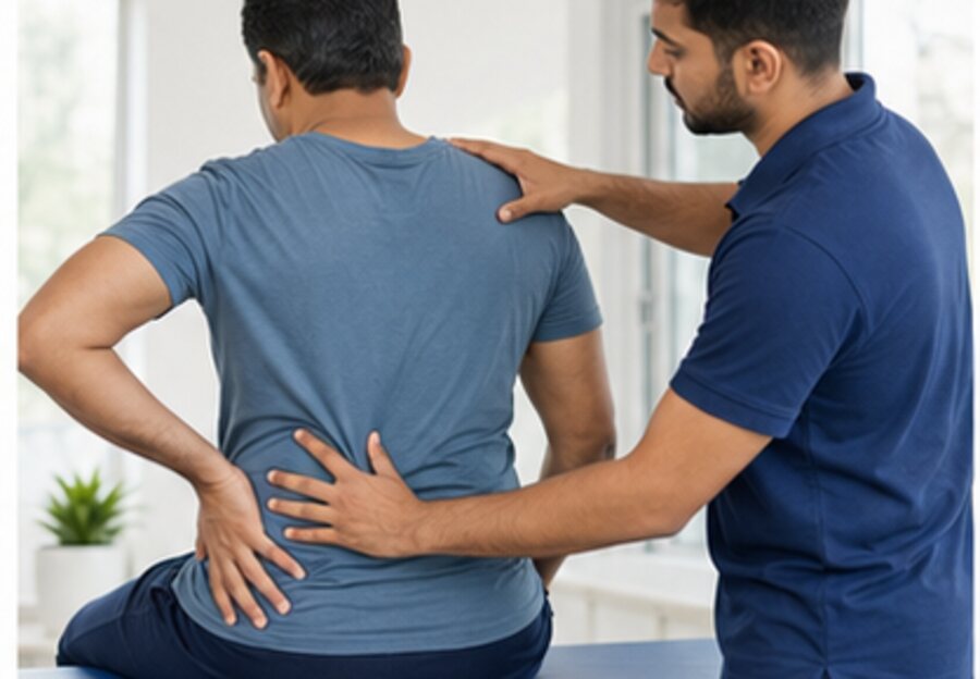 Physiotherapist assessing low back pain