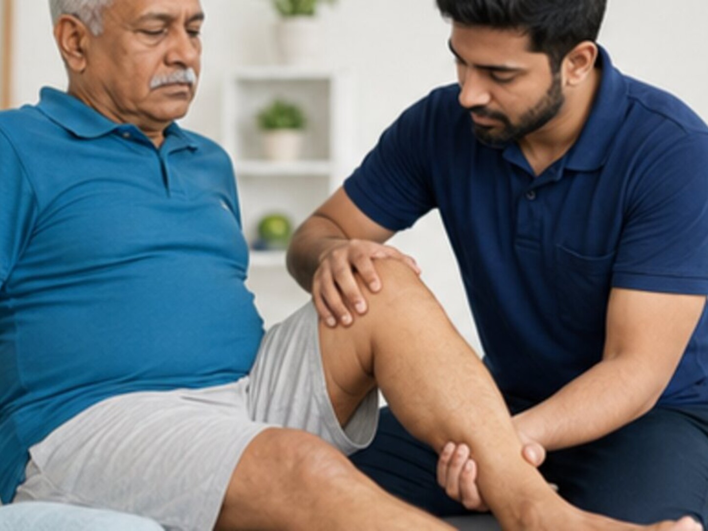 Physiotherapist providing a knee mobility assessment during a home visit