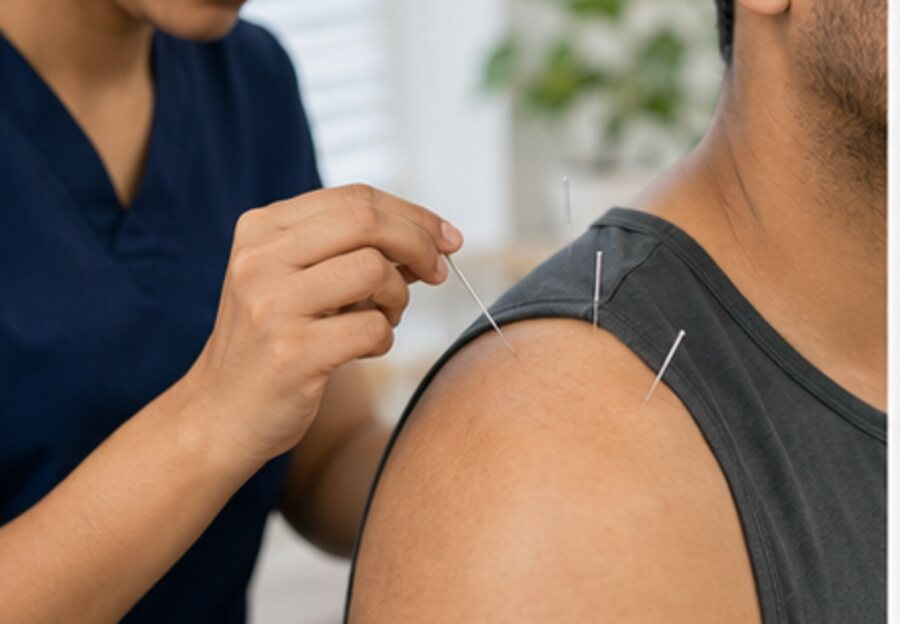 Professional dry needling treatment on the shoulder